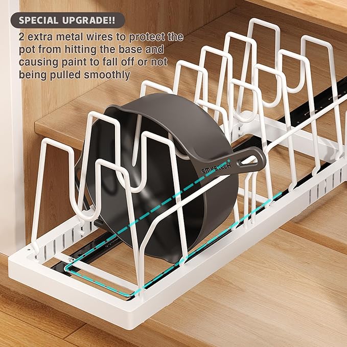 Pots and Pans Organizer Under Cabinet, 22" Deep Expandable Pull Out Pot Lid Organizer and Storage with 10 Adjustable Dividers No Drill Pot and Pan Holder Rack with Handle Bracket(1 Pack,White)
