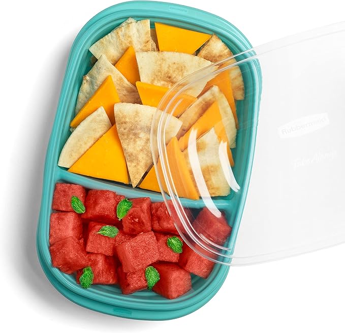 2 Sets of Rubbermaid TakeAlongs On the Go Food Storage and Meal Prep Containers, 3.7 Cup Divided Rectangle, 3-Pack, Teal Splash