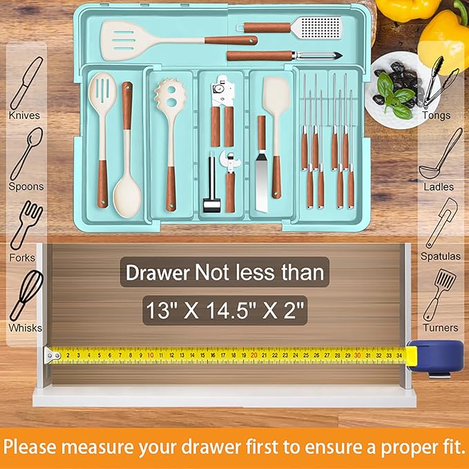 Utensil Drawer Organizer for Kitchen, Expandable Silverware Organizer Cooking Utensils Tray, Large Cutlery and Flatware Holder, Kitchen Tools & Gadgets Storage (Turquoise)