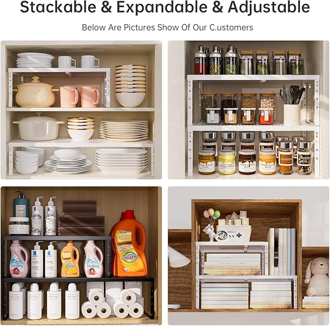 Cabinet Shelf,Expandable Adjustable Stackable Kitchen Organizer,for cabinets, Kitchens, countertops, bathrooms Shelf Organizer(2Packs/White,Medium)