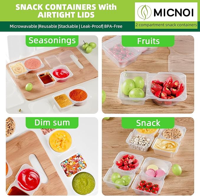 10 Pack Snack Containers, Reusable 2 Compartment Condiment Containers with Lids, Ideal for On-the-Go Mini Sauce Boxes & Lunchable Snack Packs for Kids and Adults, BPA-Free