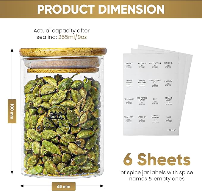4/12 Pieces Glass Spice Jars with Bamboo Airtight Lids, Labels, Marker, and Cone- Clear Multipurpose Storage Containers (12)