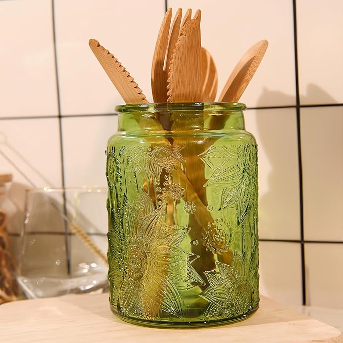 Glass Storage Jars With Airtight Lid, 23.7oz Canister For Kitchen Counter with Bamboo Lid, brown sugar, candy, coffee, cookie, salt, tea,pantry cute Jar (Green, 23.7 fl oz)