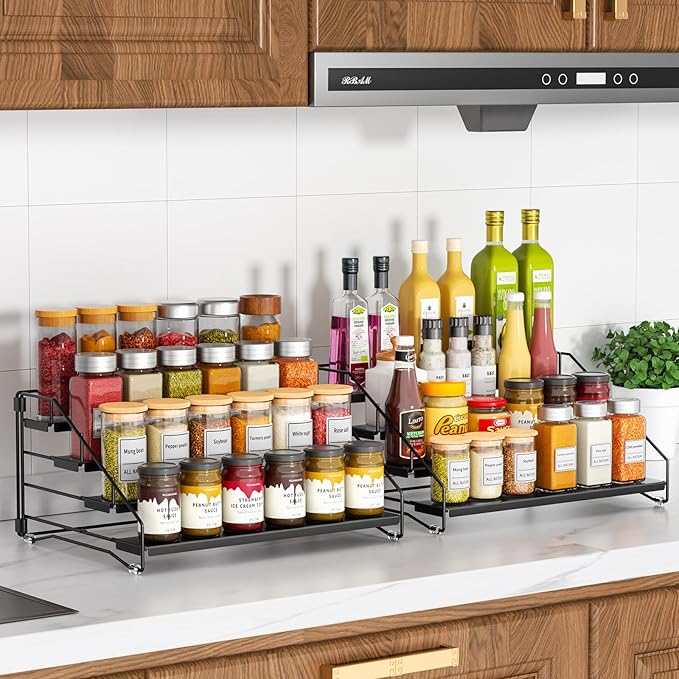 RCHYFEED Spice Rack Organizer for Cabinet Pantry,4 Tier Countertop Spice Rack,Step Spice Organization Easy Visibility,Tierd Depth Expandable Seasoning Shelf for Cabinet Organizer (Black, 2Pack)