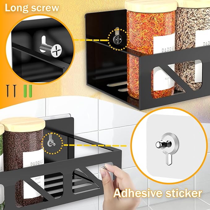 Magnetic Spice Rack Organizer for Fridge Seasoning Organizer for Kitchen storage with Screw or Adhesive Hanging,Magnetic Shelf with Hook for Refrigerator and Oven (Black-non-magnetic, 4pack)