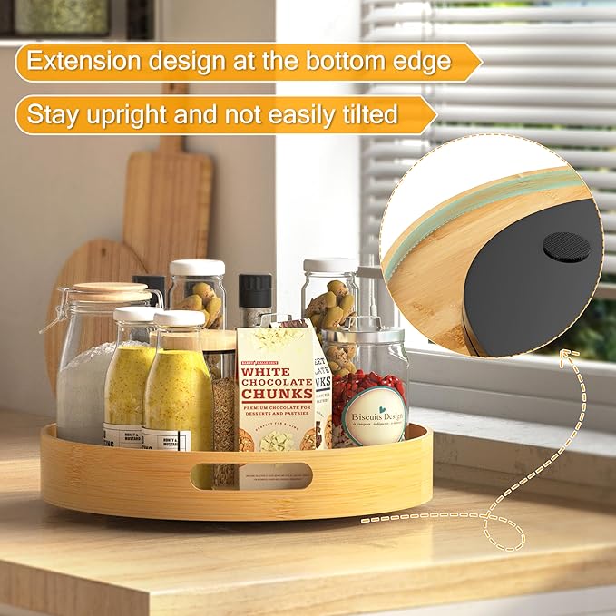 Lazy Susan Organizer Homerays 13 Inch Non-Skid Bamboo Lazy Susan for Kitchen Rotating Spice Rack with Handles, Wood Turntable for Kitchen Cabinet,Countertop (Bamboo, Large)