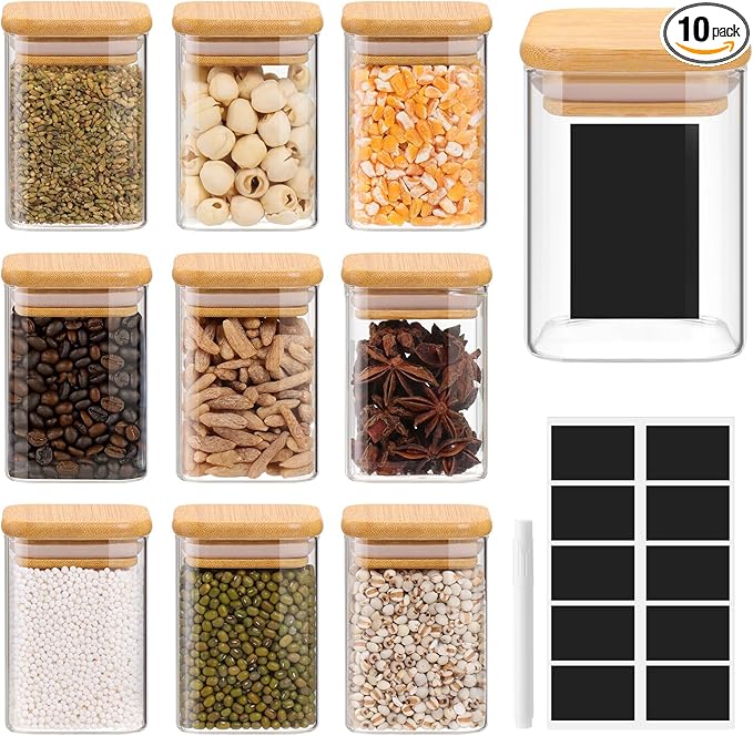 Glass Spice Jars with Bamboo Lids - 9 Oz Small Square Storage Jars with Airtight Lids Clear Pantry Food Storage Containers Glass Canister Set with Labels for Kitchen Coffee Sugar Flour(Set Of 10)