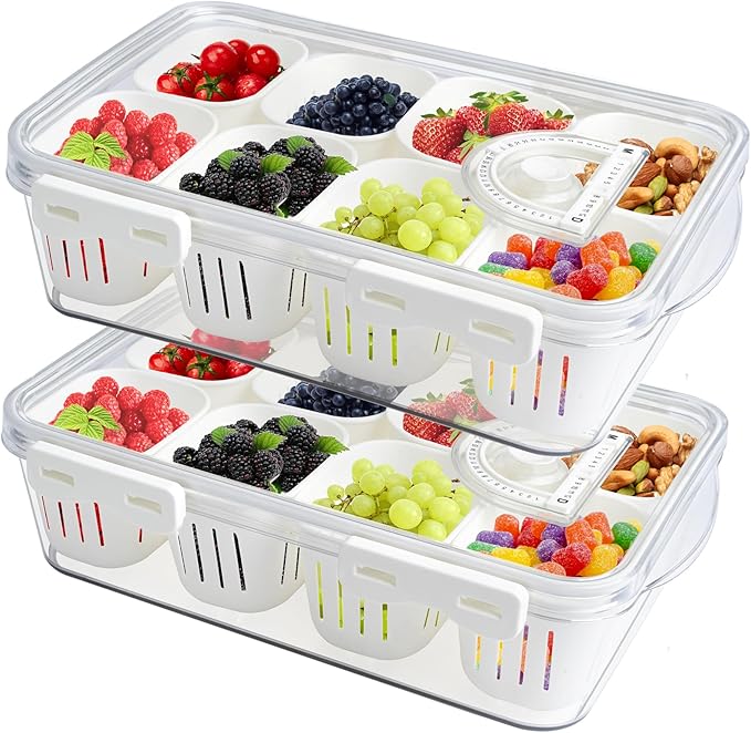 MineSign 2Pack Stackable Snackle Box Divided Food Serving Tray with Lids Clear Storage Containers with Dividers for Fridge Pantry Freezer Portable Snack Box for Candy Nuts Spice