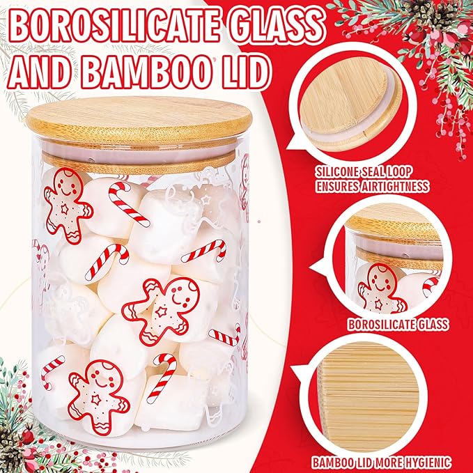 3Pcs Christmas Glass Storage Jars Red White Candy Cane Gingerbread Man Clear Canisters Sets with Airtight Lid for Xmas Home Kitchen Countertop Decor