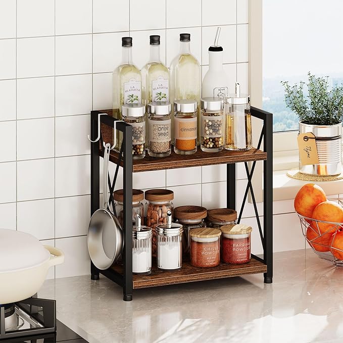 Snughome Coffee Bar Organizer,Kitchen Counter Shelf for Countertop,Wood Kitchen Countertop Organizer,2 Tier Coffee Organizer Station for Countertop (Rustic Brown, Medium)