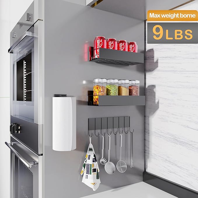 Magnetic Spice Rack for Refrigerator, Black Metal Space Saving Spice Racks Magnetic Refrigerator, Fridge Shelves with Strong Magnets, Six-Piece Magnetic Storage Rack, Magnetic Spice Rack