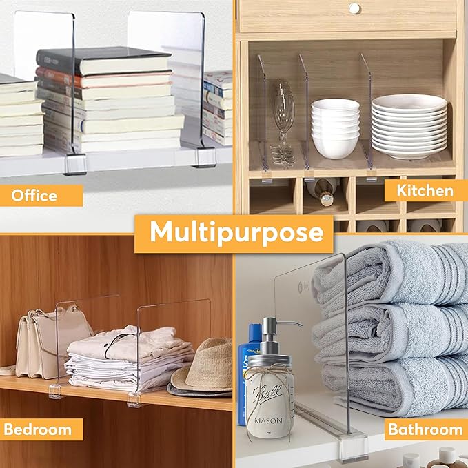 12 Pack Acrylic Shelf Dividers for Closet Organization 11x7.9 Inch â Clear Closet Shelf Separators for Purses, Clothes & Sweater Storage â Vertical Bookshelf Dividers for Bedroom, Office & Kitchen