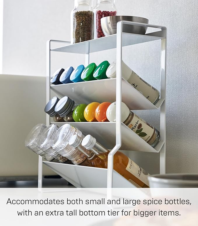 Yamazaki Home Tower 4-Tier Slim Spice Rack Organizer - Large Capacity, Angled Shelves, Flat Top Tier - Ideal For Countertops And Stove Sides - Steel