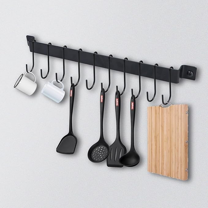 Joben Oligey Utensil Holder, Kitchen Rail With 10 Hooks, Pots and Pans Organizer Hanger, Wall Mounted Wrought Iron Hanging Black 17 Inch for Coffee Mug Rack Cup Hanging, Set of 2
