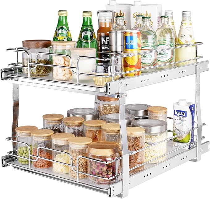 VEVOR 2 Tier 17"Wx21"Dx15"H Pull Out Cabinet Organizer, Heavy Duty Slide Out Pantry Shelves, Chrome-Plated Steel Roll Out Drawers, Sliding Drawer Storage, 18.5"Wx22"Dx18"H Install Size for Cabinet