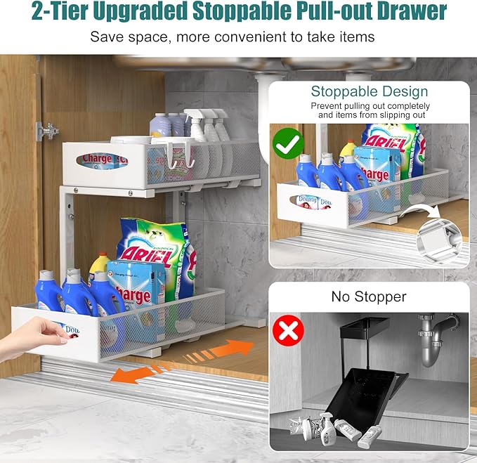 Under Sink Organizer, 2 Tier Metal Pull Out Under Sink Storage with Sliding Mesh Drawers, Height Adjustable Slide Out Under Sink Organizer for Kitchen Bathroom Cabinet, 2 Pack, White