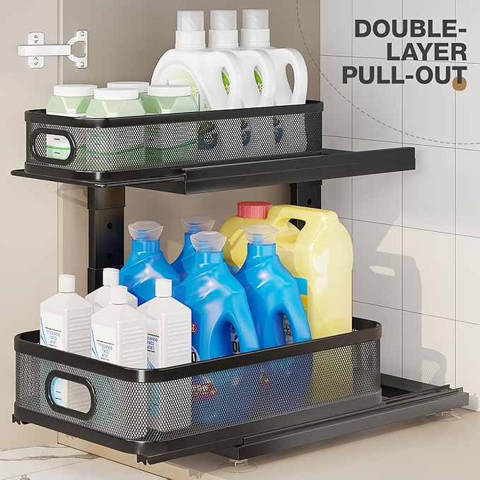 1 Pack 15.5IN-Depth Under Sink Organizer With Next-Gen Ball-Bearing Slides,2-Tier Precision Mesh Pull Out Cabinet Storage for Bathroom&Kitchen,Height Adjustable Drawers Shelf,Anti-rust-Black