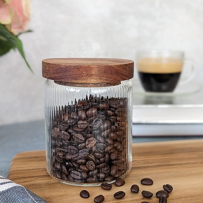 Mason & Fable Ribbed Glass Jar with Wooden Lid 17oz, Set of 3 | Airtight Fluted Storage Canisters for Food, Tea, Coffee, Candy/Spice | Organization Canisters for Home & Kitchen