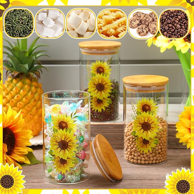 Layhit 3 Pcs Sunflower Glass Canister Set Clear Lemon Kitchen Storage Jars with Airtight Bamboo Lid for Coffee Bean Cookie Candy Tea Flour