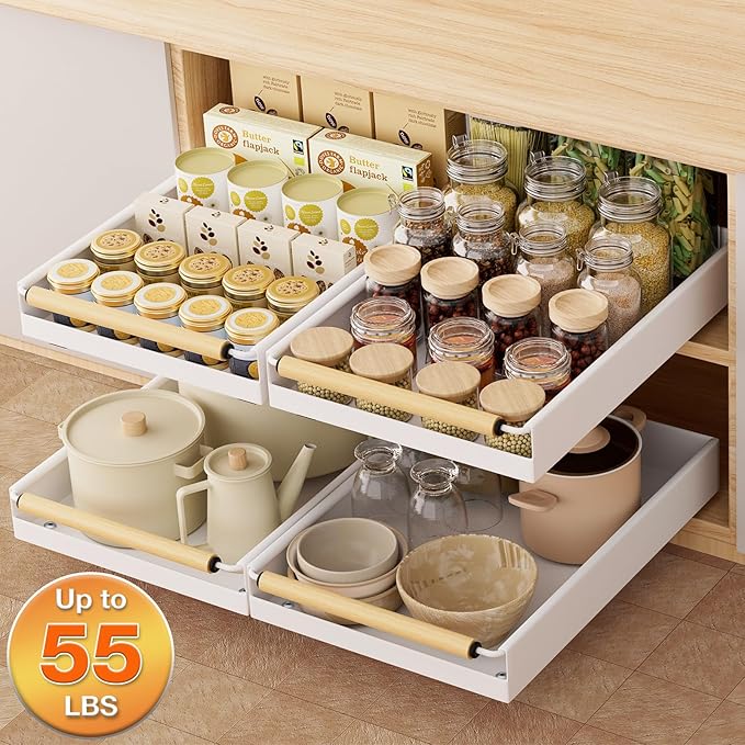 Pull out Cabinet Organizer, 16" Deep Pull Out Drawer for Kitchen Cabinets Adhesive with Nano Film, Slide out Cabinet Organizer Shelf for Pantry Bathroom Organization White