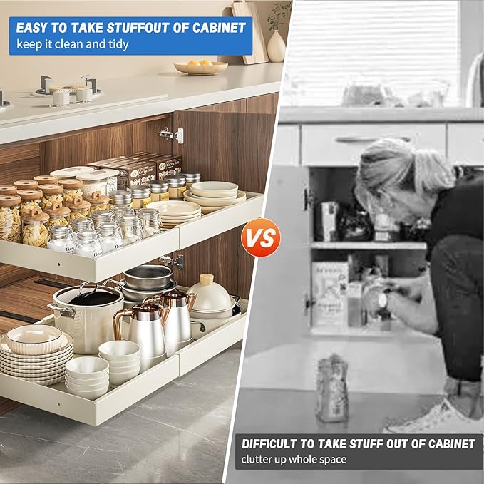 Pull Out Cabinet Organizer,Expandable(13.78''-19.69''),Strong load-bearing nano adhesive fixed metal shelf,Suitable for kitchen cabinets, sideboards, bathrooms, under sinks(16.9''Deep,White)