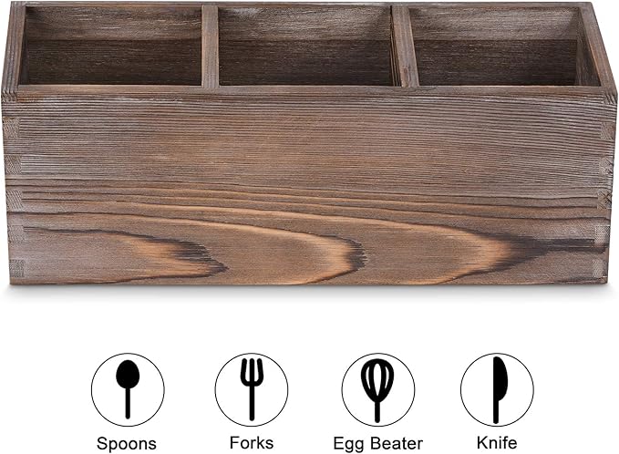 Wooden Silverware Organizer, 3 Spacious Compartments Cooking Spatula Holder, Silverware Storage Kitchen Utensil Flatware Caddy