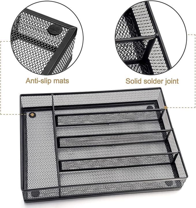 HaWare Utensil Drawer Organizer, Mesh Wire Silverware Organizer Divider for Kitchen, Stainless Steel Cutlery Flatware Storage Tray with Non-Slip Foam Feet, 5 Compartment, 12.5 x 9.2Inch, Black