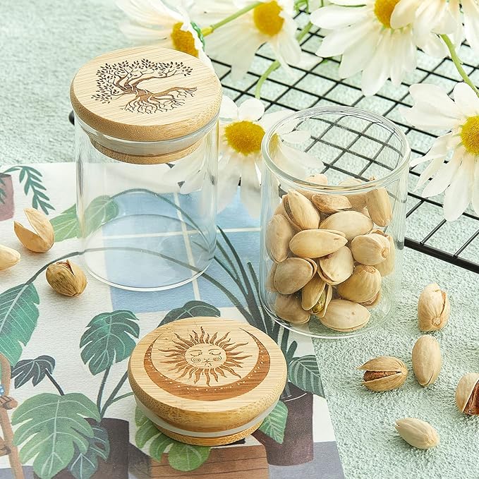 2 Packs Glass Storage Jar with Decorative Airtight Bamboo Lid Multi Use Container Glass Jar Set Kitchen Canisters Food Cereal Storage for Candy Cookie Coffee Tea, 1/8 oz