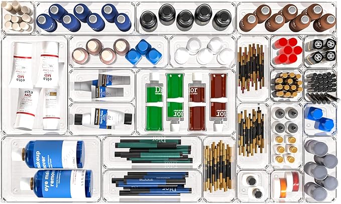 25 Pcs Clear Plastic Drawer Organizer Set,4 Sizes Small Organizer Bins for Bathroom,Office,Kitchen Cabinet and Vanity Organizers for Jewelry,Cosmetic,Gadgets Utensil In Drawer Organizer Trays