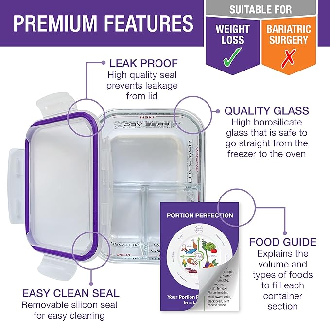 Portion Perfection Portion Control Containers - Glass Oven Ready, Freezer Safe Meal Prep Containers Reusable for Food 3pk, 3 Compartment with Lids, Practical Weight Control Products
