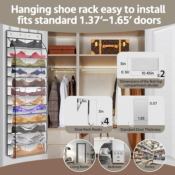 12 Pocket Over the Door Shoe Organizer,Reusable Breathable Large Mesh Bag Men's & Women's Sneaker Organizer,Shoe Organizer for Kids,Hanging Shoe Storage Hanging Bag (White)