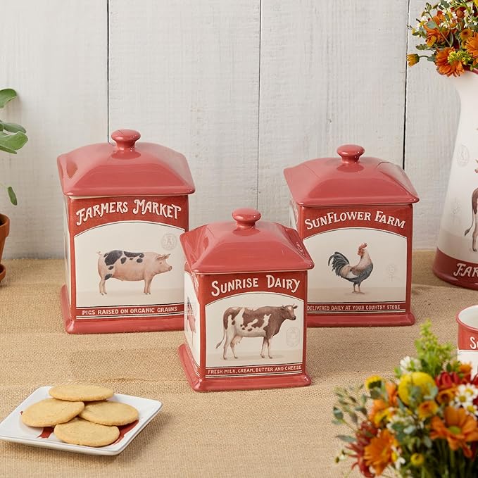 Vintage Farm Square Canister Set, 3-Piece, Includes 52 oz, 72 oz & 90 oz Sizes, Farmers Market Design with Farm Animals, Durable Ceramic, Rustic Farmhouse Kitchen Storage for Coffee, Sugar & Flour