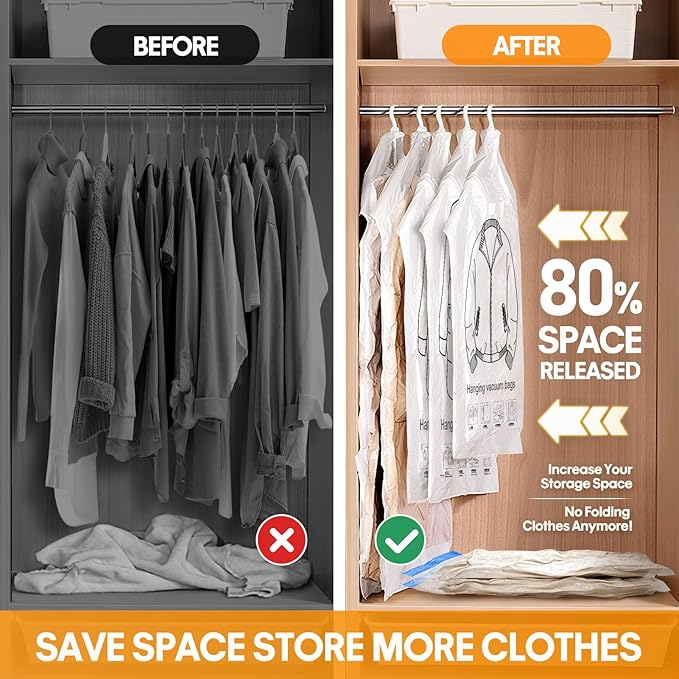 13Pcs Vacuum Storage Bags for Clothes, 10 Vacuum Seal Bags (1Jumbo,3Large,3Medium,3Small) 3 Hanging Clothes Storage Bags Vacuum Sealed(Large, Medium, Small), 80% Space Saver Bags for Home Essentials