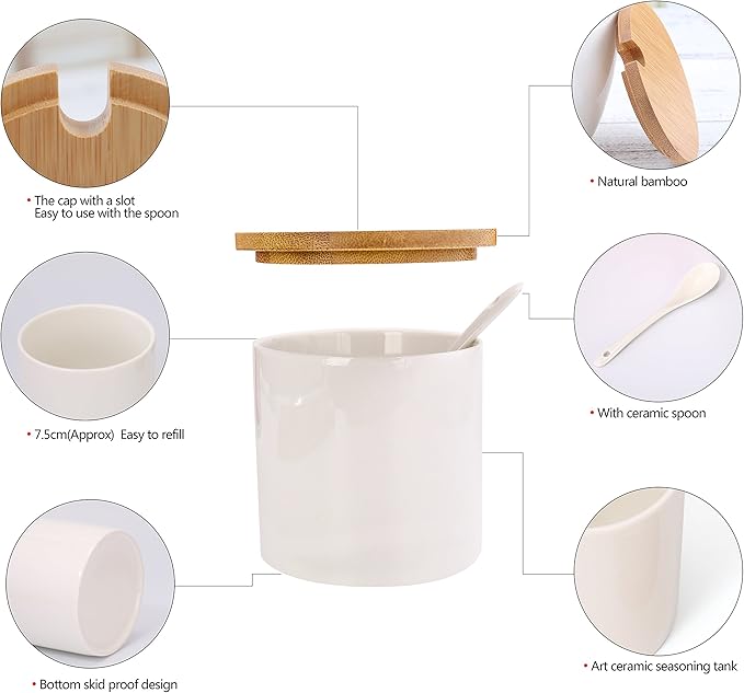 Lucky Goddness June Sky Ceramic Food Storage Containers with Bamboo Lid- Modern Design Porcelain Jar- Perfect Canister for Sugar Bowl Serving Tea, Coffee, Spice- Condiment Pot 8 oz, white
