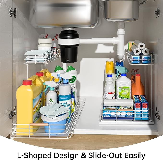 LAMU Under Sink Organizers and Storage, Pull Out Bathroom Kitchen Cabinet Organizers and Storage, 2-Tier White Under Sink Shelf Organizer Under Counter Storage Organizer
