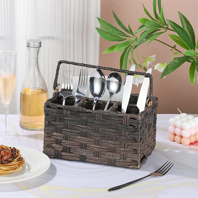 Silverware Holder for Party Plastic Utensil Holder Wicker Silverware Caddy Cutlery Holder with Handle Spoon and Fork Organizer Brown Utensil Caddy for Kitchen Counter
