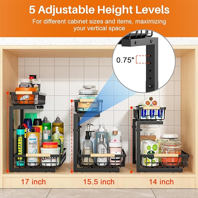 REALINN Under Sink Organizer, Height Adjustable Under Sink Organizers and Storage, 2 Tier Pull Out Drawer Cabinet Storage for Kitchen Bathroom, 1 Pack