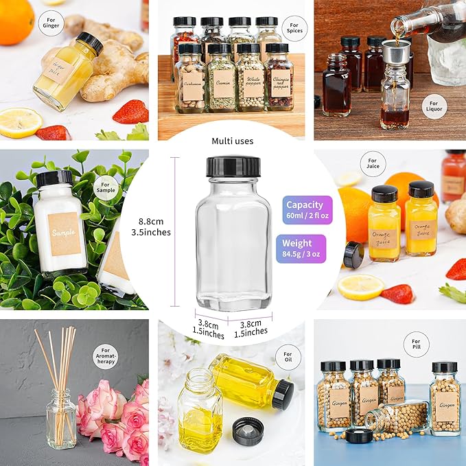 Syntic Clear Reusable Ginger Shot Bottles with Caps - 8 Pack 2 oz Small Square Glass Jars with 8 Sealed Conical Inner Caps & 8 Airtight Lids, Wide Mouth Juice bottles for Fridge, Extra Sticker, Funnel