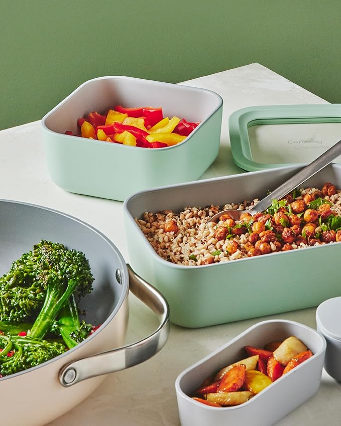 Caraway 2pc Glass Food Storage Set - 4.4 Cup Food Containers (2) - Ceramic Coated - Non Toxic, Non Stick Lunch with Lids - Dishwasher, Oven, & Microwave Safe - Perracotta