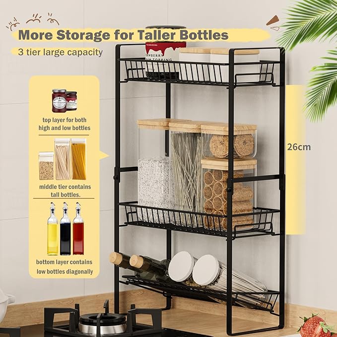 Countertop Spice Rack Slim 3 Tier Tall Seasoning Storage Rack Kitchen Spice Shelf Standing Rack Skincare Organiser