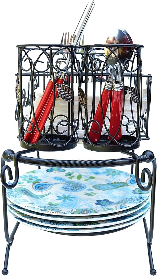 Utensil Caddy - Silverware Caddy or Napkin, Cutlery and Plate Holder - The Ideal 2-Piece Portable Outdoor Kitchen Accessories Buffet Organizer for Picnics, Camping, Barbecue, Parties and Events