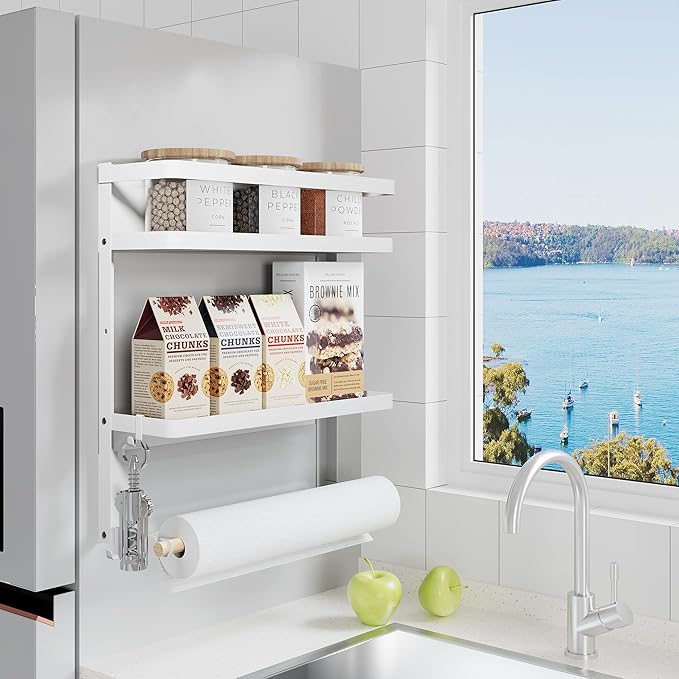 Magnetic Spice Rack Organizer Single Tier Refrigerator Spice Storage Shelf, Easy to Install The Side of The Refrigerator Can Hold spices, Jar of Olive Oil (White L)