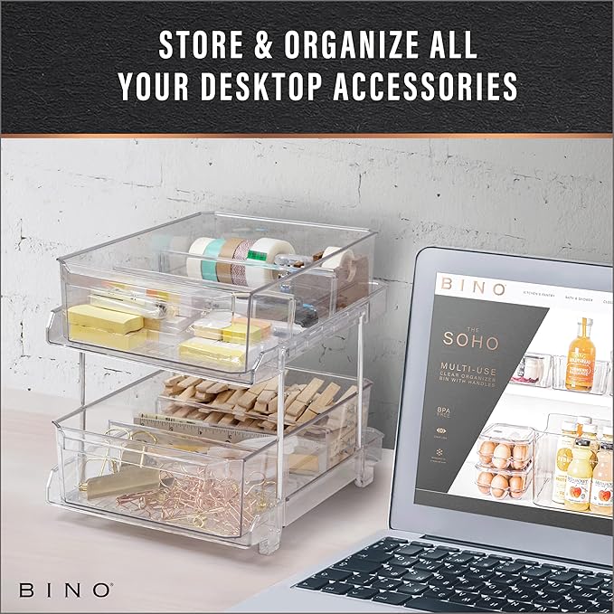 BINO 2 Tier Clear Storage Organizer with Dividers | Slide Out Drawer for Under Sink or Medicine Cabinet | Bathroom Closet, Vanity, Pantry Organizer | Under Cabinet Storage for Bathroom and Kitchen