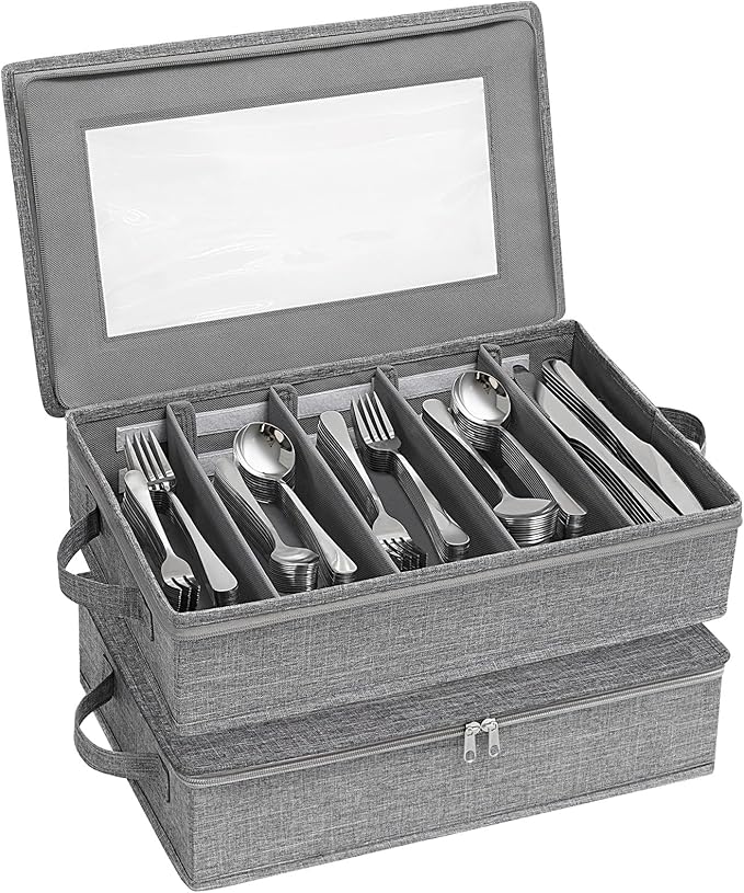 Lifewit Silverware Storage Box, Flatware Organizer with Zipper Lid, 5 Compartment Cutlery Case with Adjustable Divider and Handle, Utensil Container for Spoon Fork Knives Tableware, Gray, 2 Pack