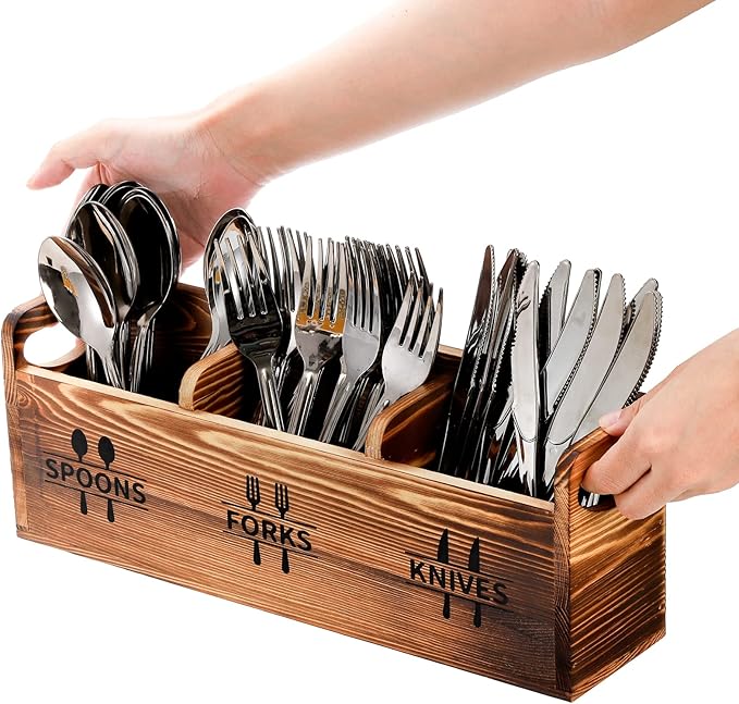 Fasmov 2 Pack Silverware Caddy, Wooden Utensil Caddy Silverware Cutlery Holder with 3 Compartment, Utensil Holder for Spoons, Knives, Forks, Perfect for Kitchen Decor and Countertop