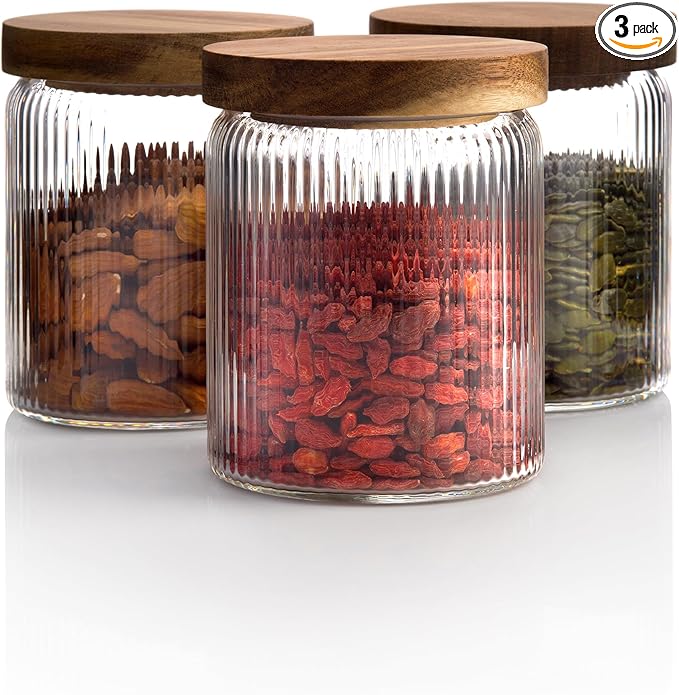 Mason & Fable Ribbed Glass Jar with Wooden Lid 17oz, Set of 3 | Airtight Fluted Storage Canisters for Food, Tea, Coffee, Candy/Spice | Organization Canisters for Home & Kitchen