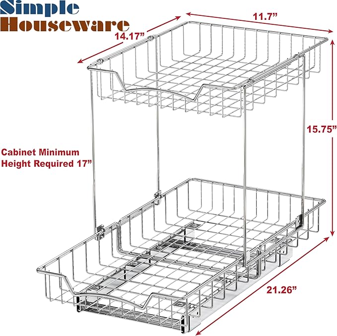 Simple Houseware 2-Tier (L+L) Organizer Pull Out Under Cabinet Sliding Shelf, Chrome