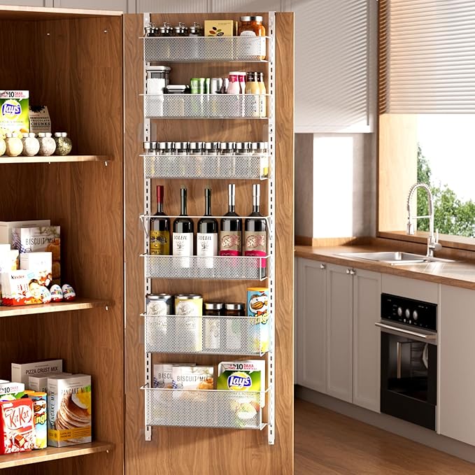 Over The Door Pantry Organizer, 6-Tier Pantry Door Organizer Shelves, Metal Hanging & Wall Mount Spice Rack Organizer, Pantry Door Organization for Pantry Kitchen Storage Room Spice Rack