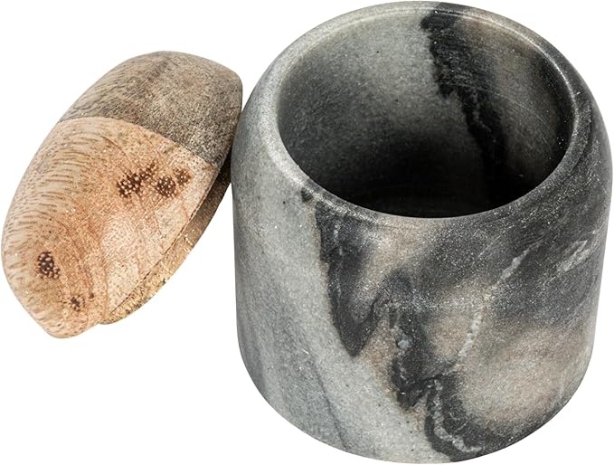 Creative Co-Op Marble and Mango Wood Pinch Pot with Lid, Grey and Natural