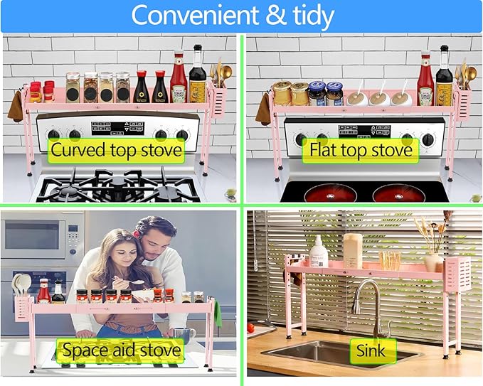 Over Stove Shelf Stove Top Organizer Shelf for Kitchen with Extra Basket and Hooks Adjustable 27 to 32 Inches Pink Over the Sink Spice Rack for Countertop (Pink)
